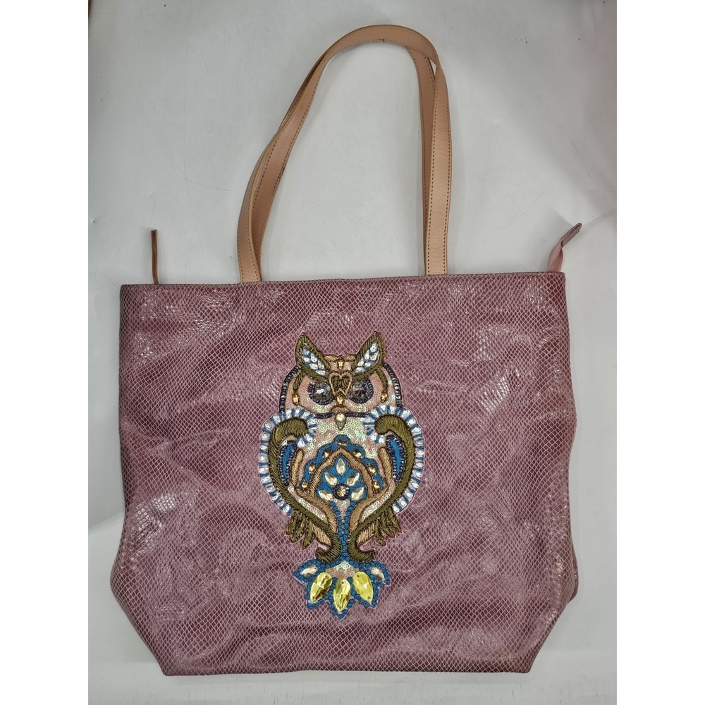 SHARIF NEW YORK TOTE HANDBAG PURSE LEATHER RHINESTONE OWL DESIGN TEXTURED